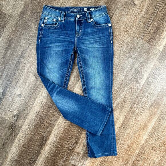 Miss Me Denim - Miss Me Jeans Bootcut Medium Wash Jeweled Pockets Embroidered Gold Flowers